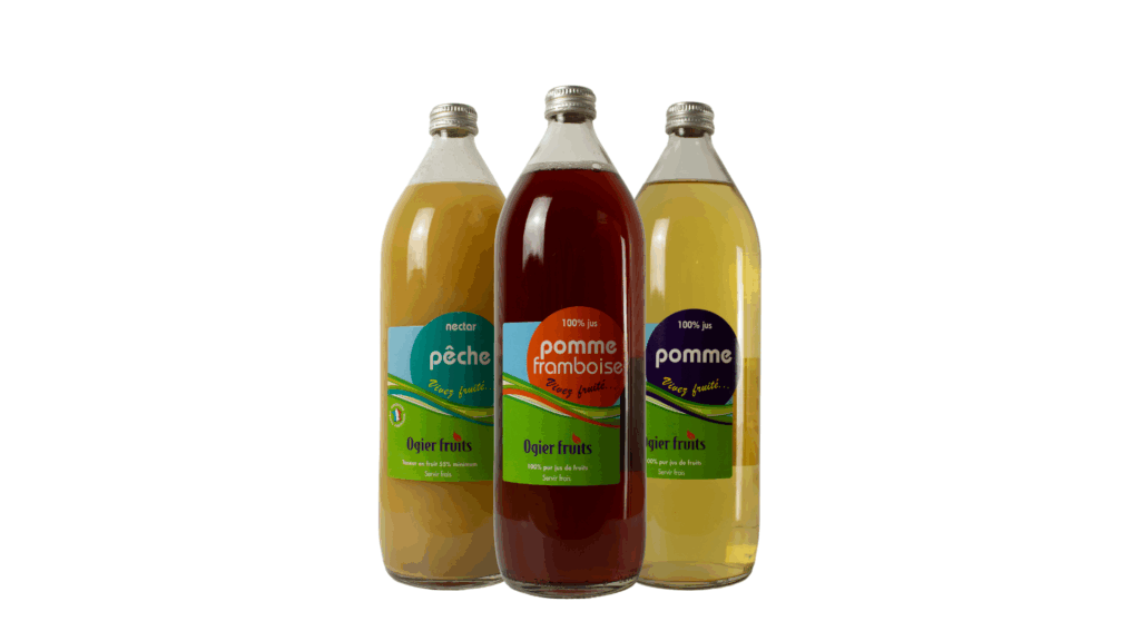 Nectar de pêche, jus de pomme framboise, jus de pomme